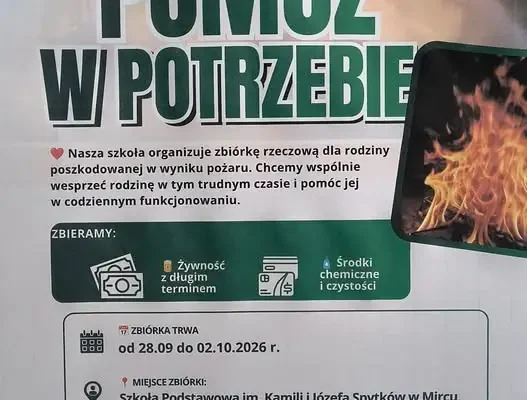 Szkoła Podstawowa w Mircu organizuje zbiórkę dla rodziny poszkodowanej w pożarze