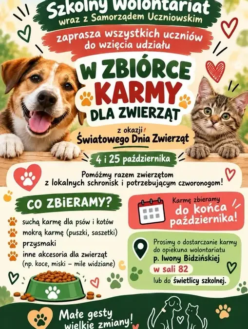 Szkolny Wolontariat organizuje zbiórkę karmy i akcesoriów dla zwierząt