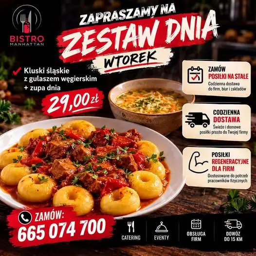 Bistro Manhattan w Starachowicach: kluski śląskie z gulaszem węgierskim za 29 zł